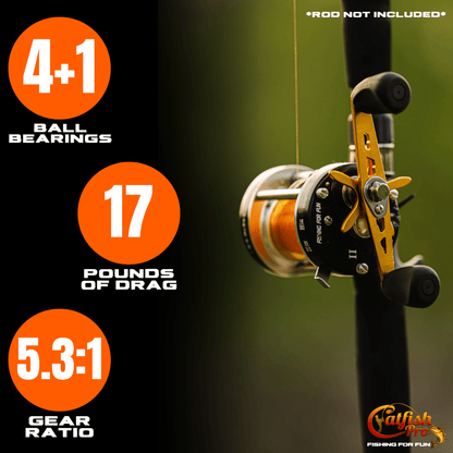 Fishing reel with specifications on a dark background