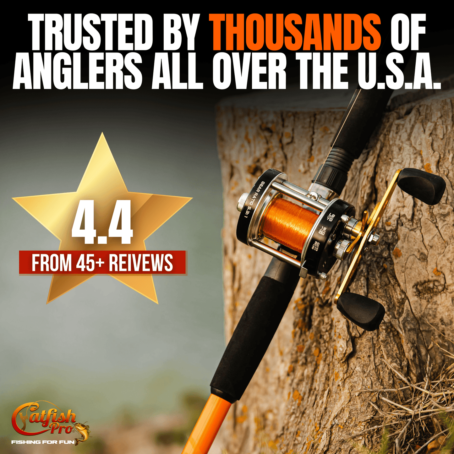 Fishing rod with reel against a tree, promotional text about trust from anglers, and Calfish Pro branding.