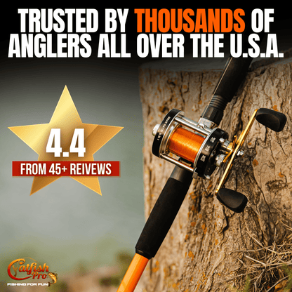Fishing rod with reel against a tree, promotional text about trust from anglers, and Calfish Pro branding.