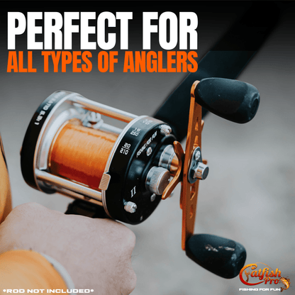 Fishing reel held by a hand with promotional text 'Perfect for all types of anglers' and 'Gulfish Pro' branding.