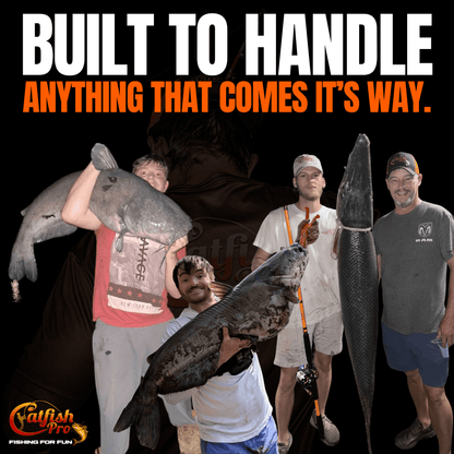 People holding large fish with promotional text 'Built to handle anything that comes its way' and 'Catfish Pro' branding.