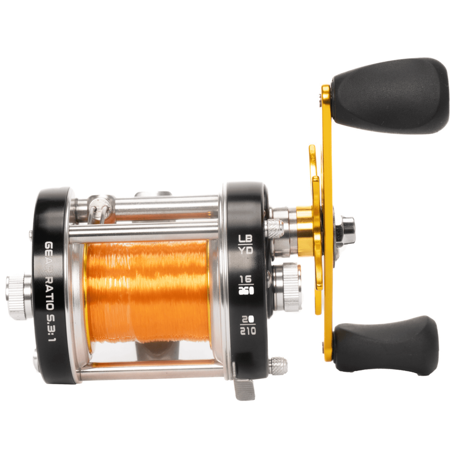 Fishing reel with orange line on a white background