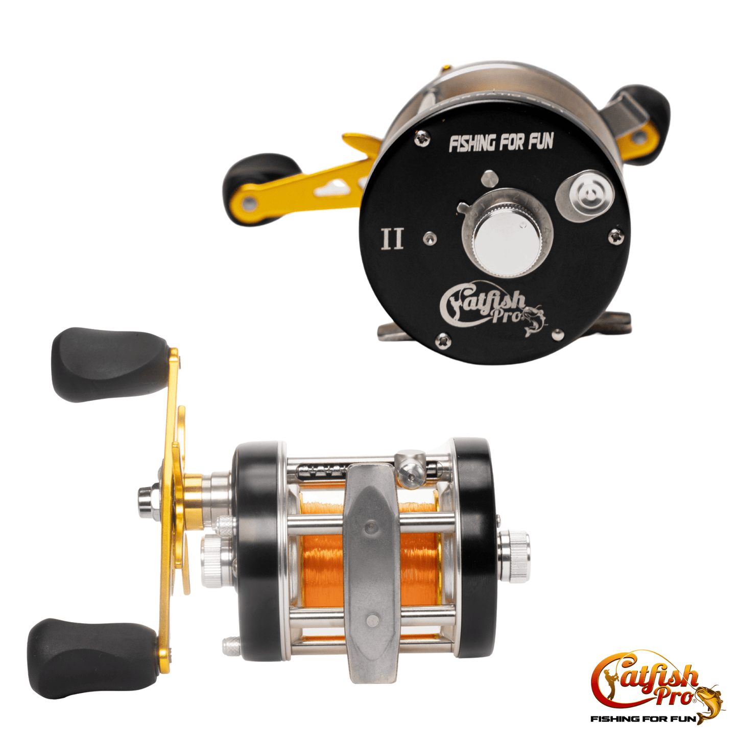 Fishing reel with 'Catfish Pro' branding on a white background