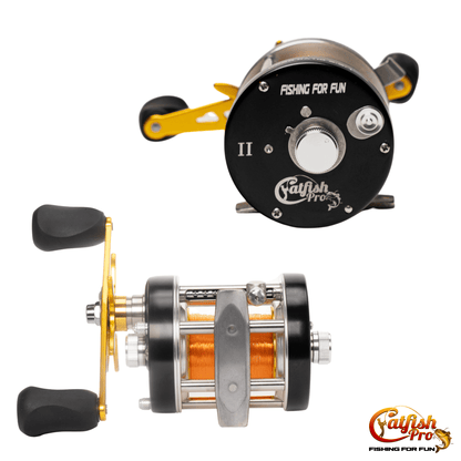 Fishing reel with 'Catfish Pro' branding on a white background