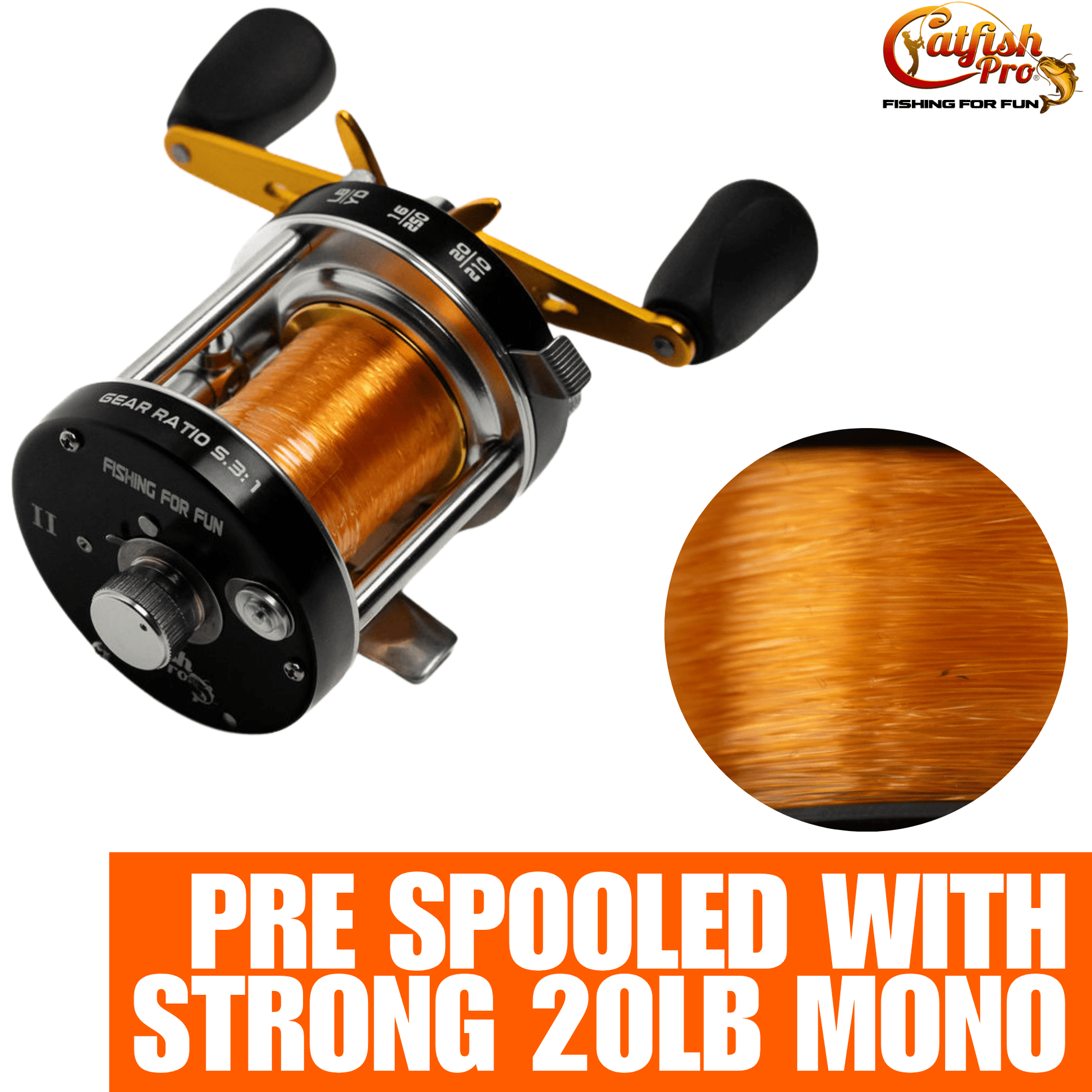 Fishing reel with wooden spool and close-up, featuring Catfish Pro branding.