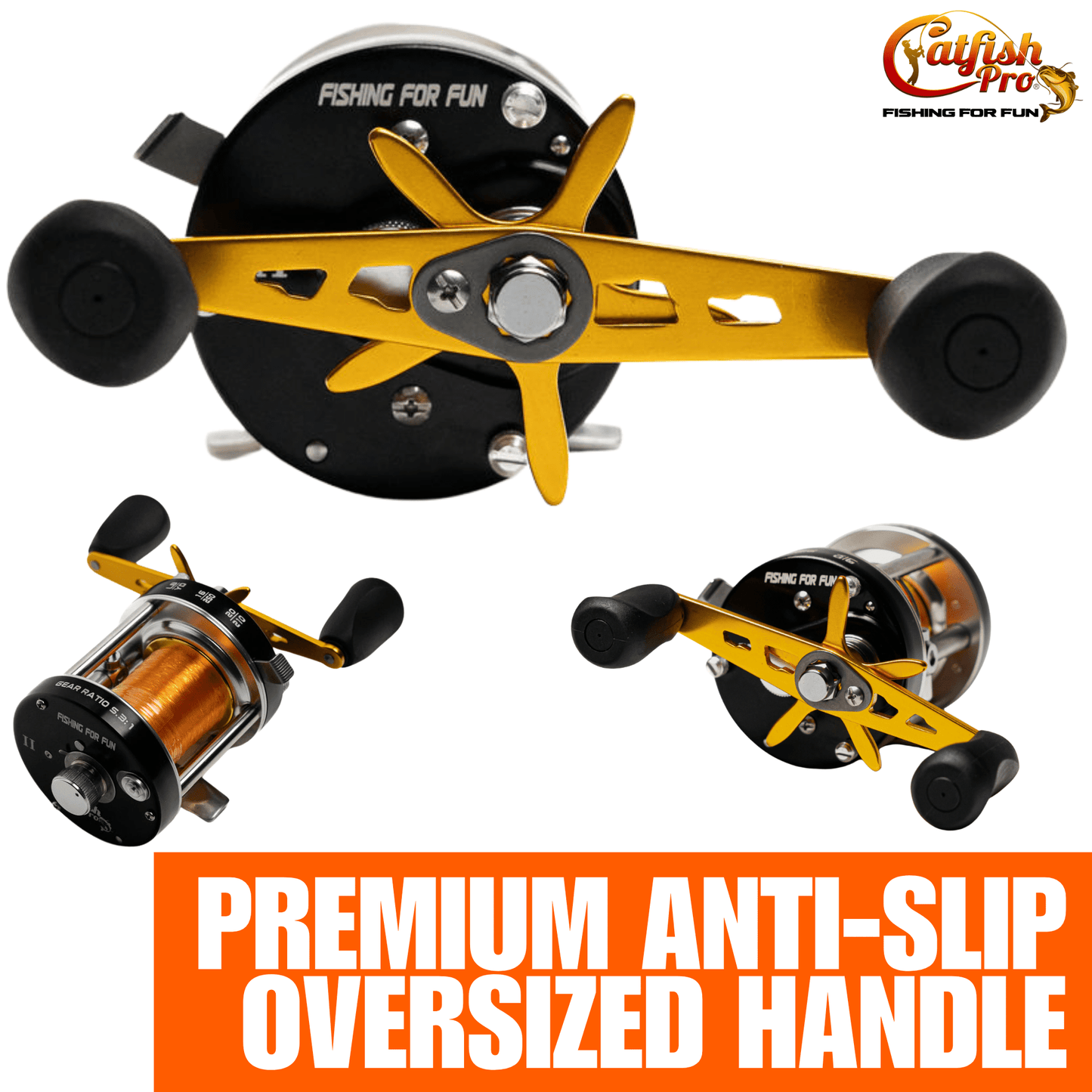 Fishing reel with premium anti-slip oversized handle on a white background, featuring the Catfish Pro brand.