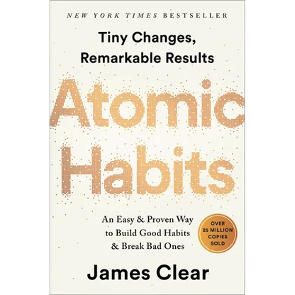 Book cover of 'Atomic Habits' by James Clear with text about changes and results.