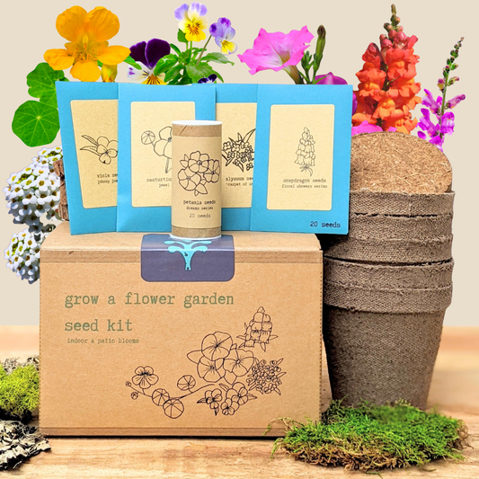 Grow a flower garden seed kit with pots and seed packets on a wooden surface.