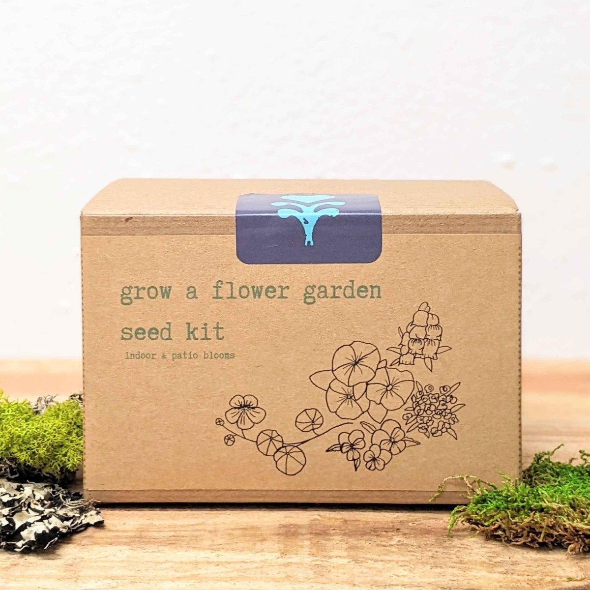 Cardboard seed kit box with floral design and text on a wooden surface.
