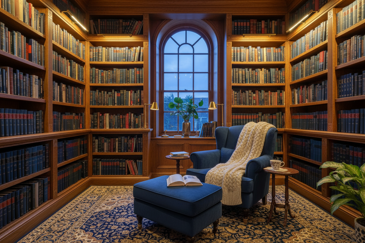 Warm and inviting bookstore interior with wooden shelves, golden light, and a cozy reading nook