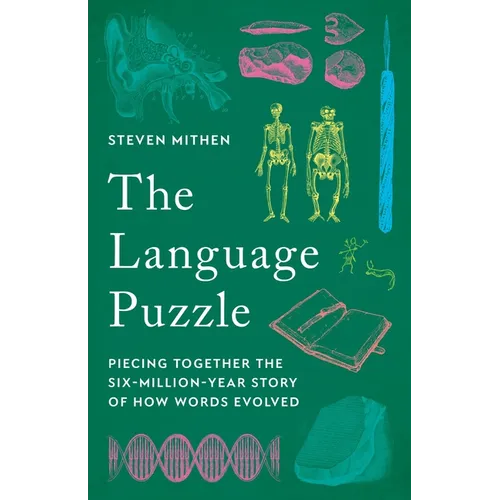 Book cover of 'The Language Puzzle' by Steven Mithen with illustrations on a green background
