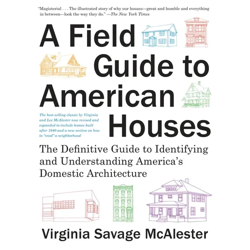 Book cover of 'A Field Guide to American Houses' with house illustrations on a white background.