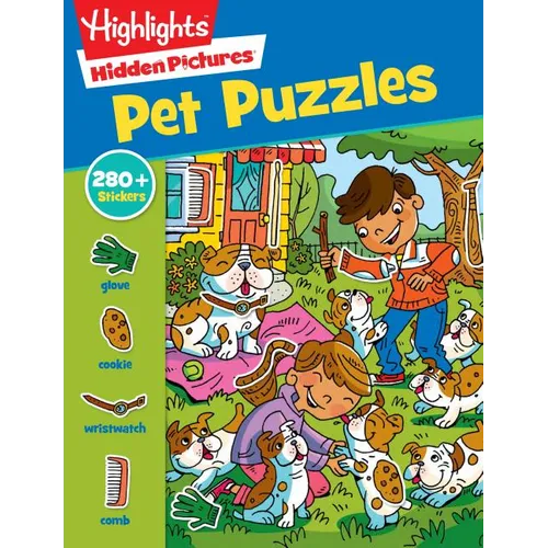 Book cover of 'Pet Puzzles' with children and dogs on a colorful background