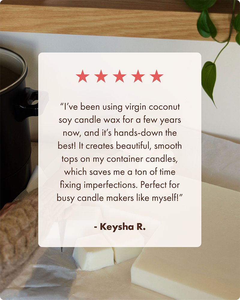 Product review card with text about virgin coconut soy candle wax on a background of candles and containers.