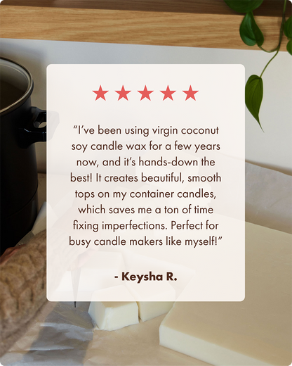 Product review card with text about virgin coconut soy candle wax on a background of candles and containers.