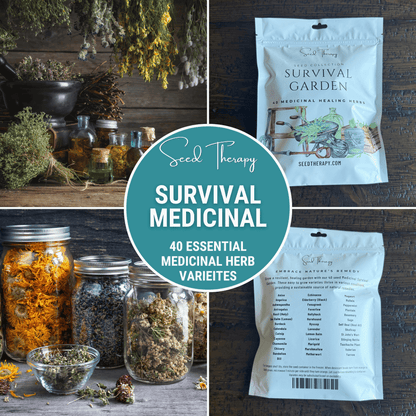Collage of survival medicinal herb products including jars, dried herbs, and a package labeled 'Survival Garden' by Seed Therapy.