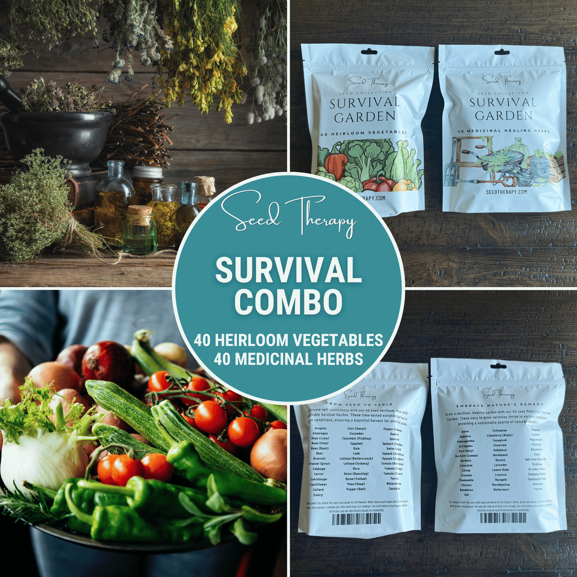 Collage of Seed Therapy Survival Combo packages, vegetables, and herbs on a wooden background.