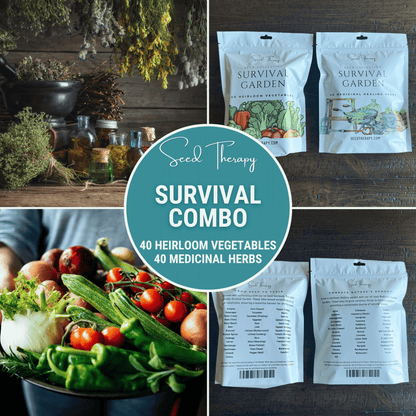Collage of Seed Therapy Survival Combo packages, vegetables, and herbs on a wooden background.