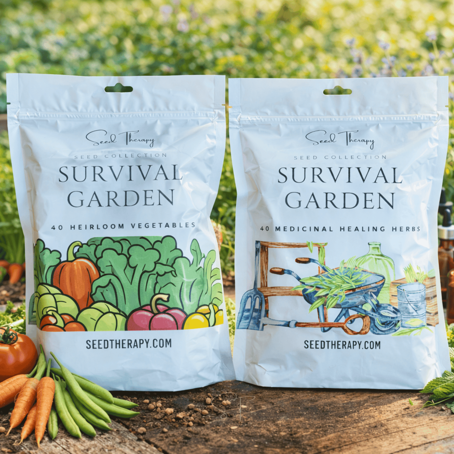 Two packages of Seed Therapy 'Survival Garden' seeds on a wooden surface with a garden background.