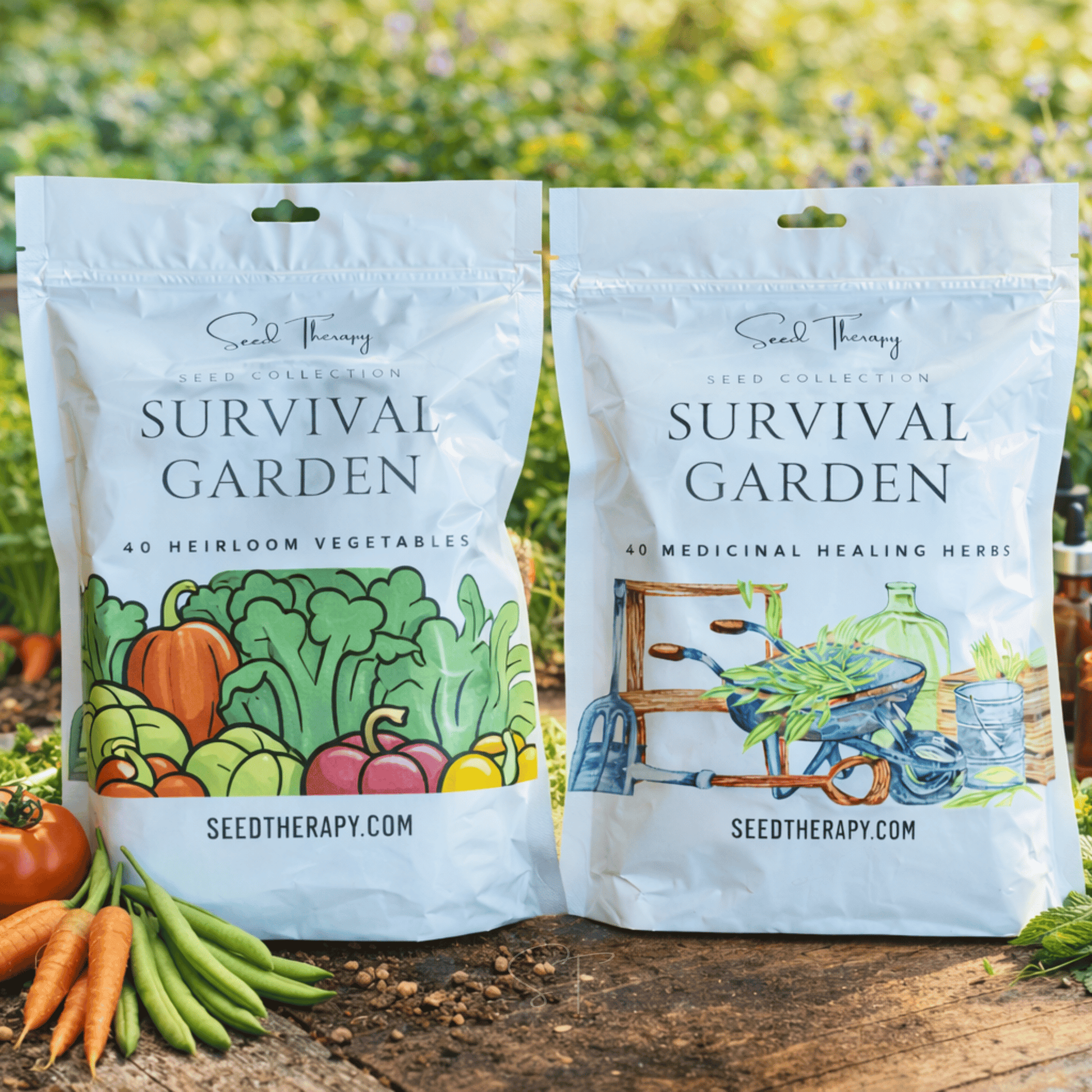 Two packages of Seed Therapy 'Survival Garden' seeds on a wooden surface with a garden background.