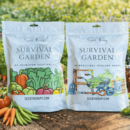 Two packages of Seed Therapy 'Survival Garden' seeds on a wooden surface with a garden background.