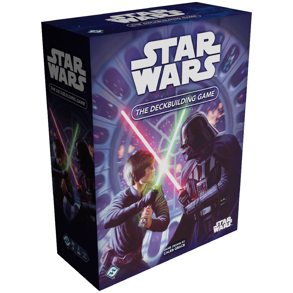 Star Wars: The Deckbuilding Game box with characters holding lightsabers on a white background