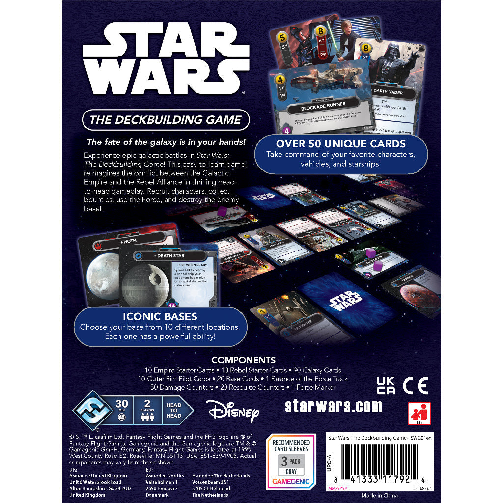 Star Wars: The Deckbuilding Game packaging with card images and text on a dark background