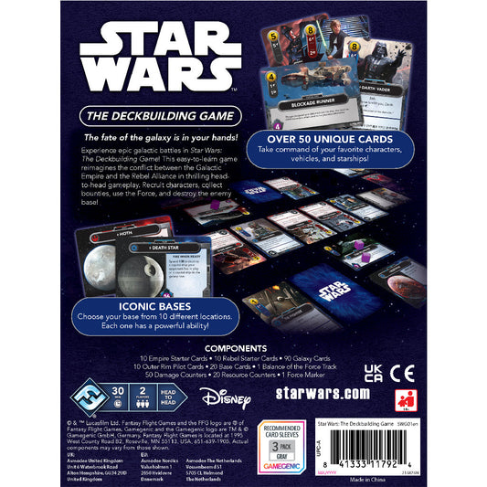 Star Wars: The Deckbuilding Game packaging with card images and text on a dark background