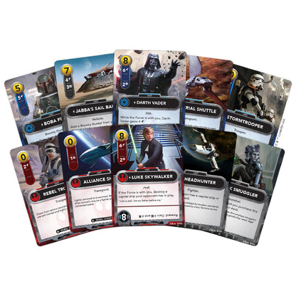 Collection of Star Wars-themed trading cards on a white background