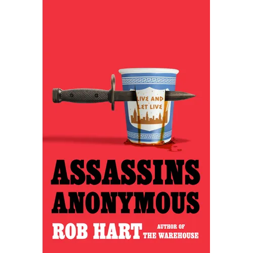 Book cover of 'Assassins Anonymous' with a knife through a cup on a red background