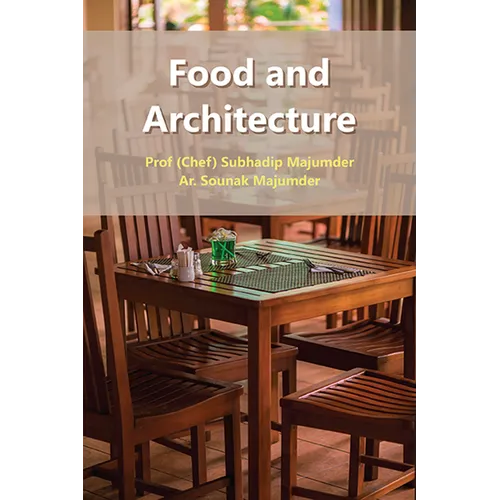 Book cover titled 'Food and Architecture' with a photograph of a wooden dining table and chairs in a restaurant setting, and author names Subhadip Majumder and Sounak Majumder visible.