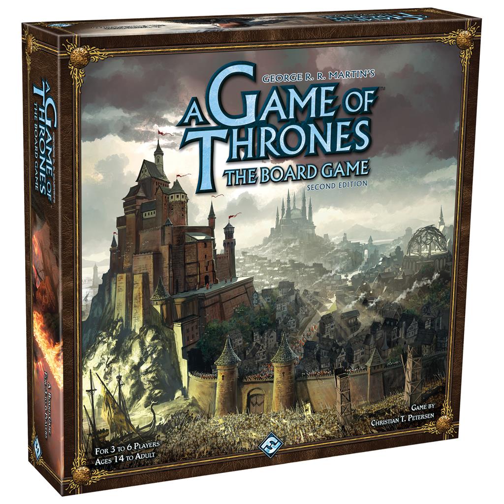 Board game box for 'A Game of Thrones' with fantasy landscape and castle on the cover.