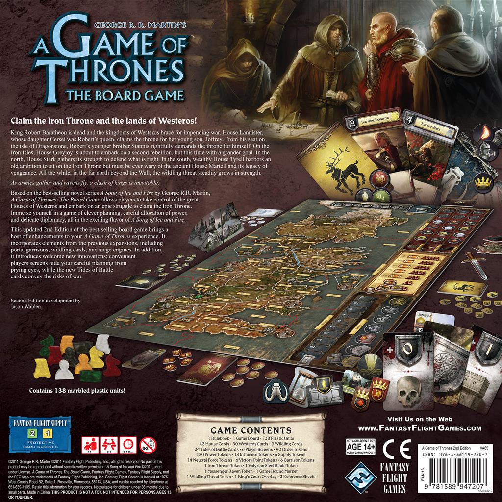 Back view of 'A Game of Thrones' board game packaging with characters and game components.
