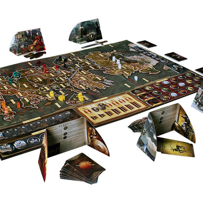 Board game with detailed map and various game pieces on a white background