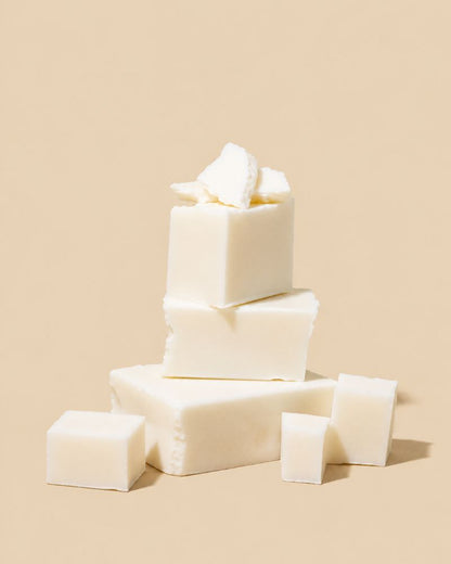 White rectangular bars of soap stacked and arranged on a warm beige background.